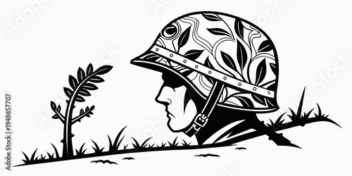 a soldier wearing a camouflage helmet peeks out from behind a grassy mound Vector