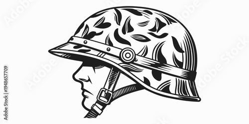 a black and white illustration of a military helmet Vector