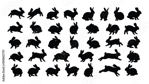 Collection of diverse rabbit silhouettes in various poses and angles on white background for design and artistic use