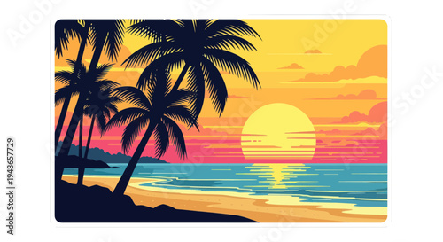 Tropical Beach Sunset with Palm Trees and Ocean Reflection