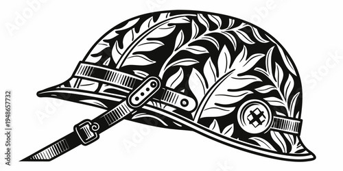 a black and white illustration of a military cap with floral designs Vector