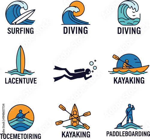 Water Sports Icons Set   Modern Flat Illustrations for Surfing, Diving, Kayaking, Paddleboarding