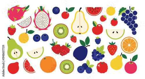 Vibrant Assortment of Fresh Fruits and Berries Collection, Healthy Food Illustration