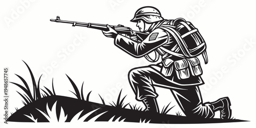 soldier in a combat position with a rifle Vector