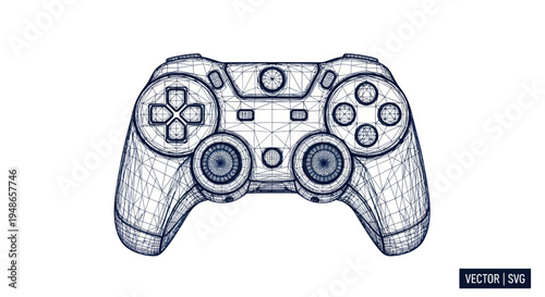 Video Game Controller Wireframe Drawing, Digital Gaming Concept, Futuristic Tech