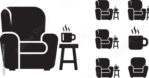 Black armchair and coffee cup icon set in white