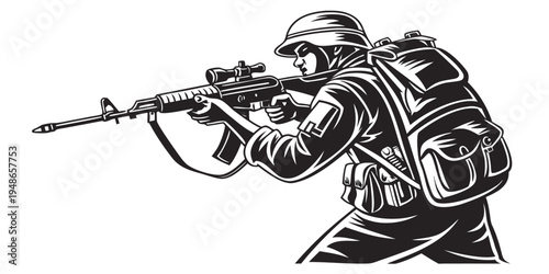 soldier wearing a backpack and holding a rifle Vector