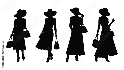 Elegant silhouettes of women in various poses and outfits with hats and handbags