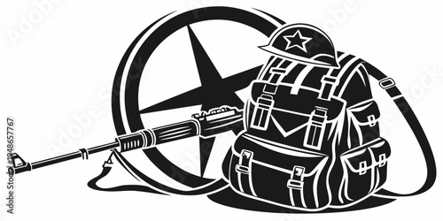 a backpack with a rifle leaning on it Vector
