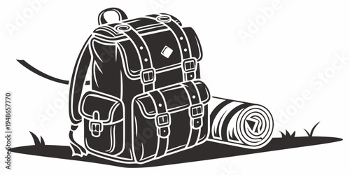 a backpack and a sleeping bag on the ground Vector