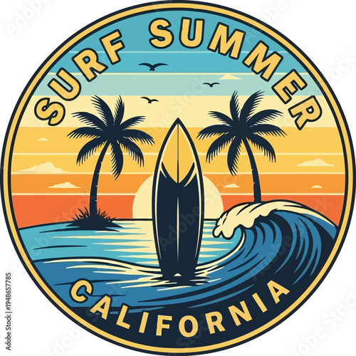 Vintage Surf Culture California Beach Logo Design Vector Illustration