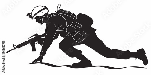 soldier in combat gear crawling with rifle Vector