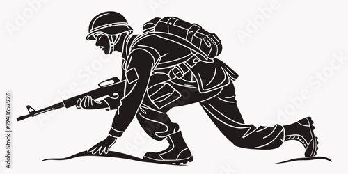soldier in a crouched position holding a rifle Vector