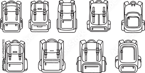 A collection of ten unique backpack designs showcasing various styles and features Vector