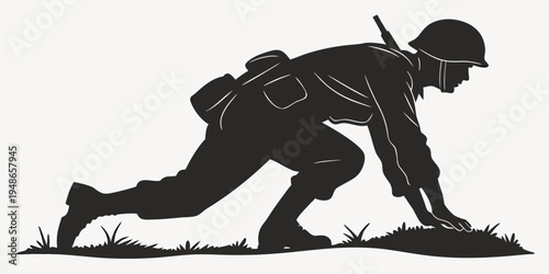 soldier in a crouching position on the ground Vector
