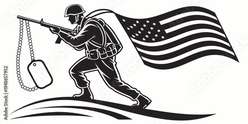 a soldier holding a gun and an american flag while skiing Vector