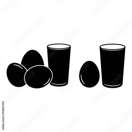 Five black silhouettes of different shaped drink containers and eggs Vector, illustration