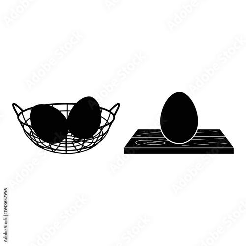 Two eggs in basket and one on a cutting board Vector, illustration