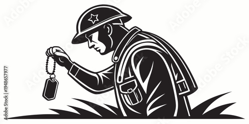 a soldier is crouched down and examining a canteen Vector