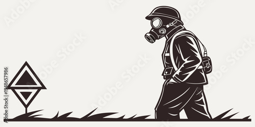 a man in a gas mask walks past a warning sign Vector