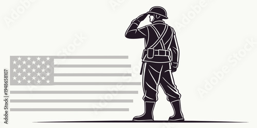 a soldier saluting in front of an american flag Vector