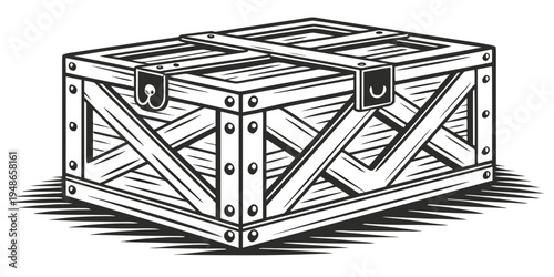 a wooden crate with a metal latch and rivets Vector