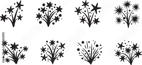 Black starburst and fireworks icons on white background