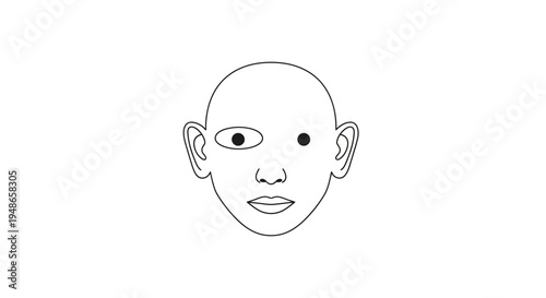 Abstract bald head with one eye, two pupils, and ears, minimalist line art