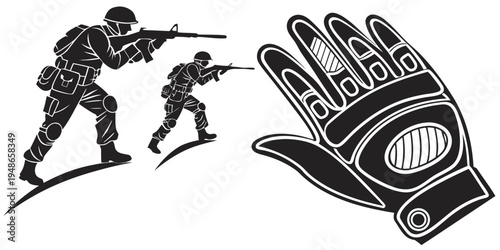soldiers aiming at large robotic glove Vector