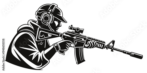 a man wearing a helmet aiming a rifle Vector