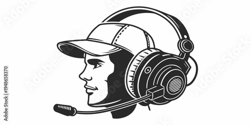 a man wearing a headset and a baseball cap Vector