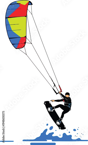 Professional Kitesurfer Riding Waves with Colorful Kite Over Water