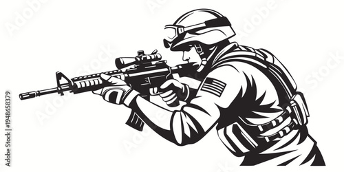 soldier in tactical gear aiming rifle Vector