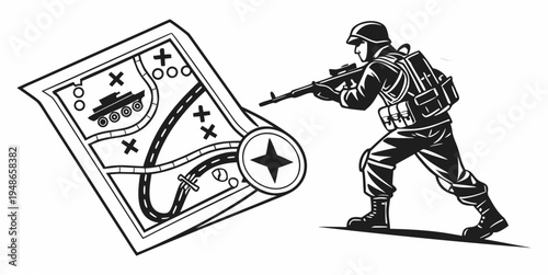 soldier aiming at a flag with a star and a plane Vector