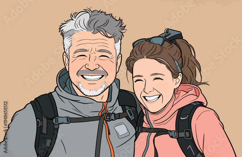 Couple smiles wearing backpacks during outdoor adventure in a warm setting