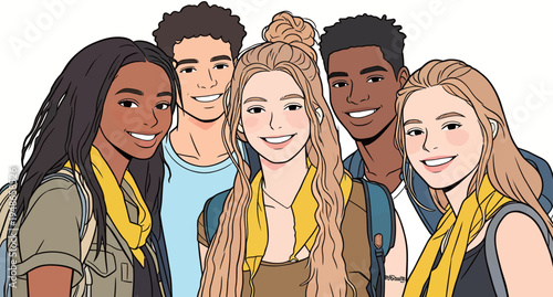 Friends enjoy a group moment during a school event in a cheerful setting with backpacks and scarves