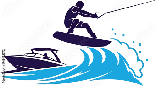 Exciting Water Skiing Behind a Speedboat on Turquoise Waves   Vector Illustration