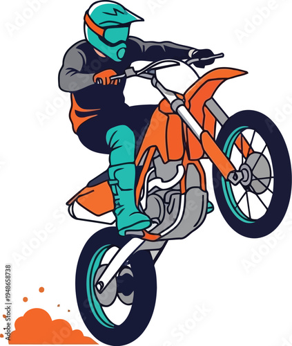 Motocross Rider Performing Wheelie Trick on Dirt Bike Mid Action