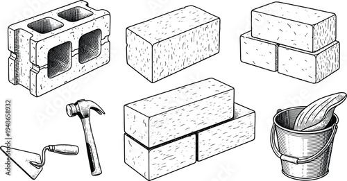 Vintage engraving construction illustration set with bricks, hammer, trowel, bucket and masonry tools