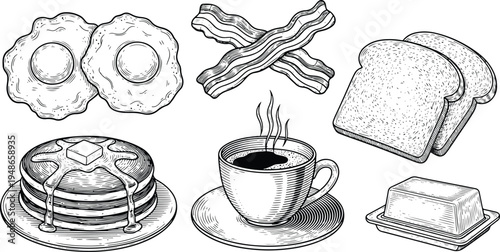 Vintage engraving breakfast food illustration set with eggs, bacon, toast, pancakes, butter and coffee