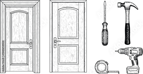 Vintage engraving carpentry illustration set with wooden doors, hammer, screwdriver, drill and measuring tape