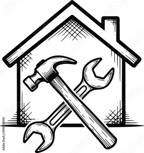 Home repair and maintenance concept illustration with hammer and wrench inside house symbol