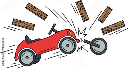Toy Car Crash Illustration with Wooden Blocks Flying Off