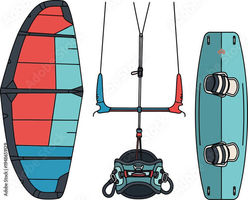 Modern Kiteboarding Gear Set with Kite, Board, and Harness for Water Sports