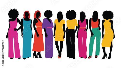 Vibrant silhouettes of diverse women in various colorful attire standing together in unity and solidarity