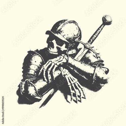 Skeleton knight in full armor with sword, grim warrior, historical battle, fantasy illustration