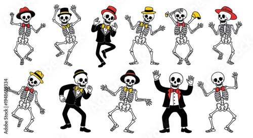 Dancing Skeletons with Hats and Bow Ties - Fun Halloween Characters