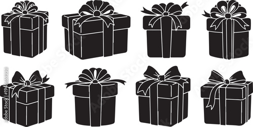 Black gift boxes with white ribbons and bows illustration