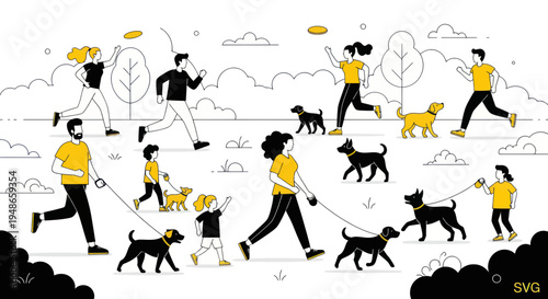 People walking dogs in park, outdoor activity, lifestyle illustration