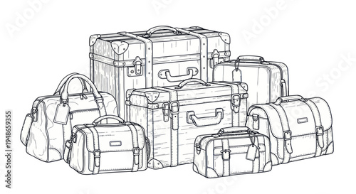 Vintage Luggage Collection Sketch Drawing